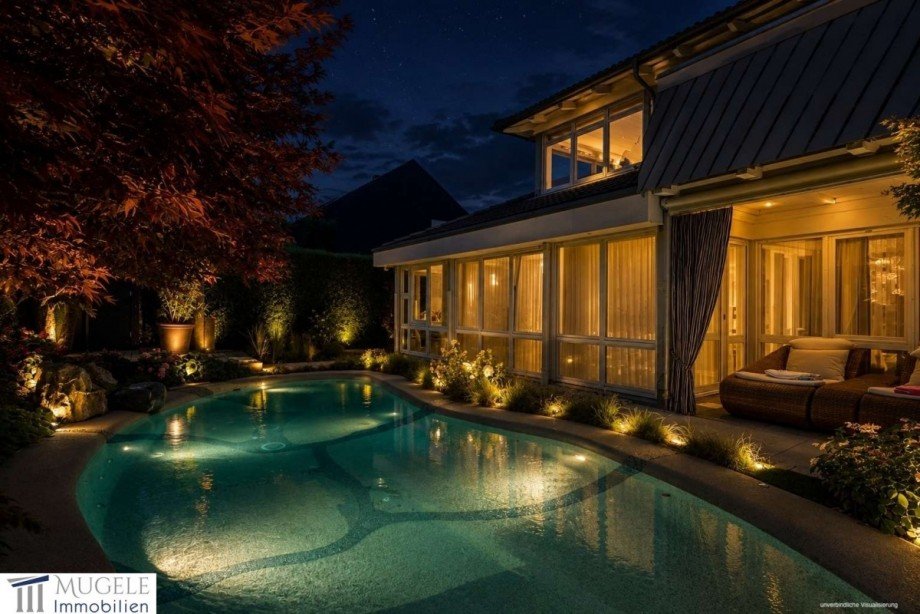 R�ckansicht mit Pool / Nachtansicht Einfamilienhaus Nufringen